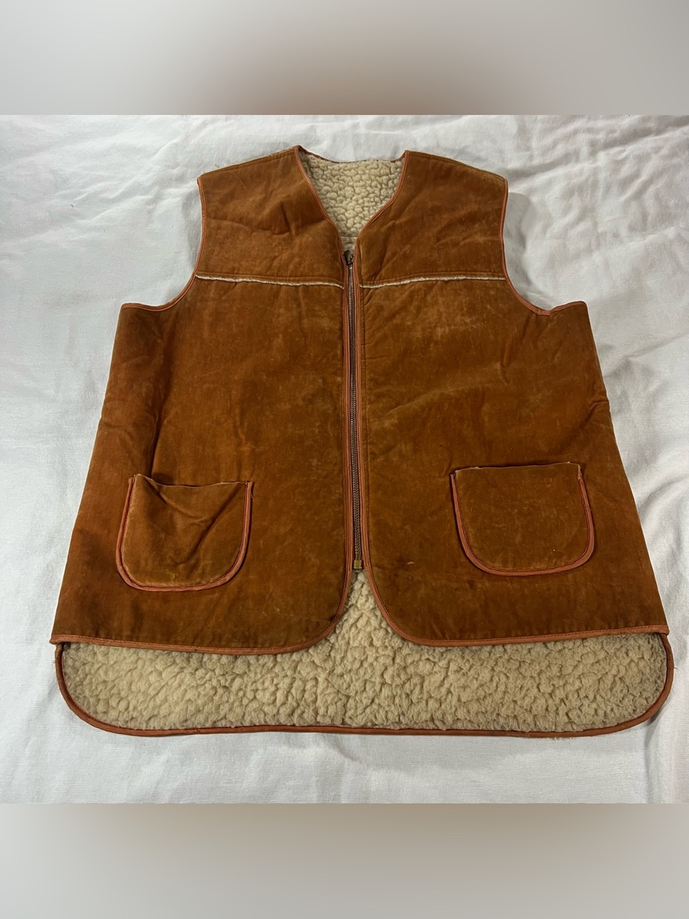 Sherpa-Lined Brown Suede Vest - Men's Zip Front
